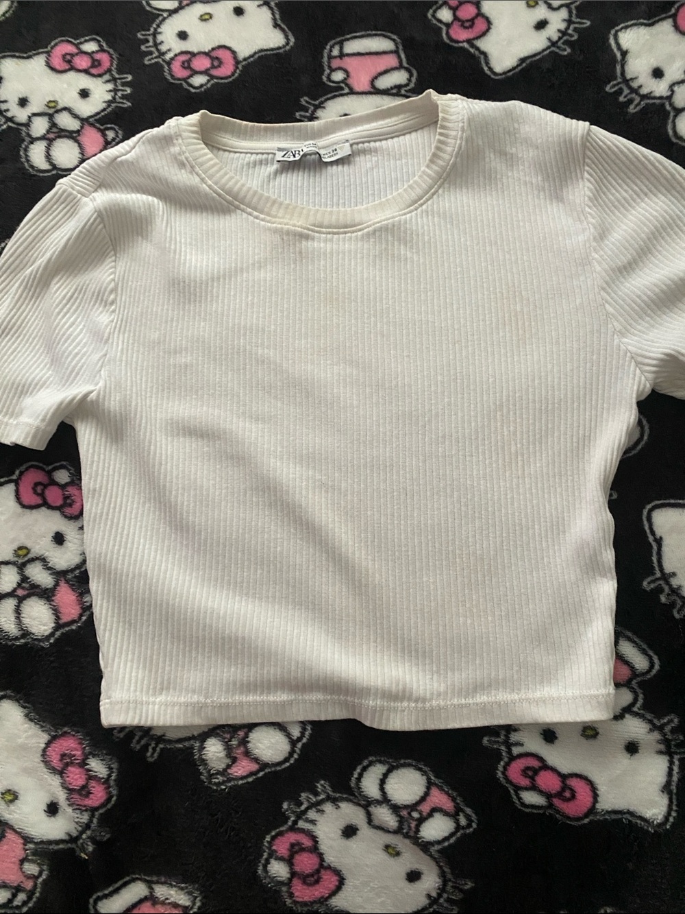 Zara White Ribbed Short Sleeve Crop Tee